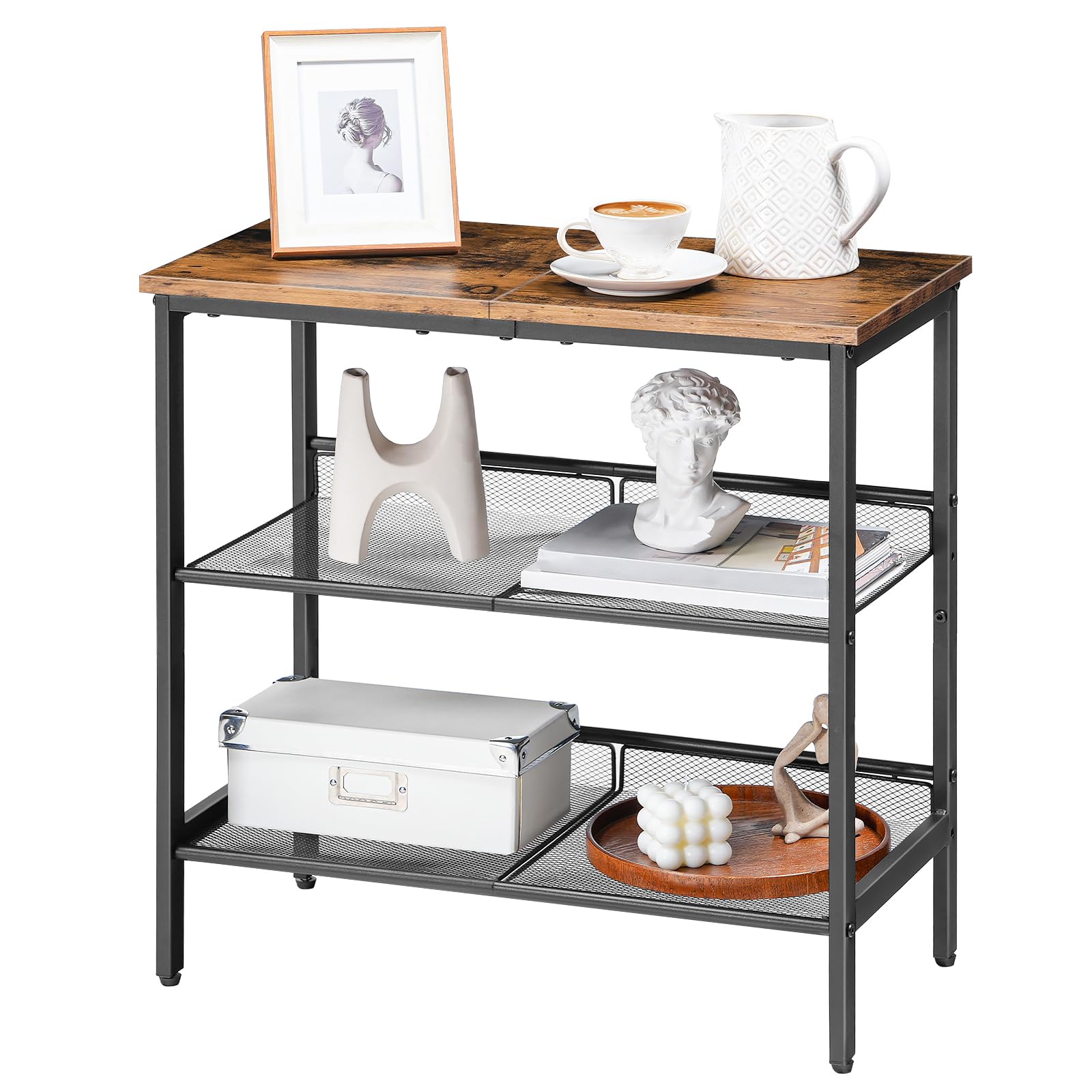 HOOBRO BF23BZ01G1 3-Tier Narrow Side Table, Rustic Brown and Black
