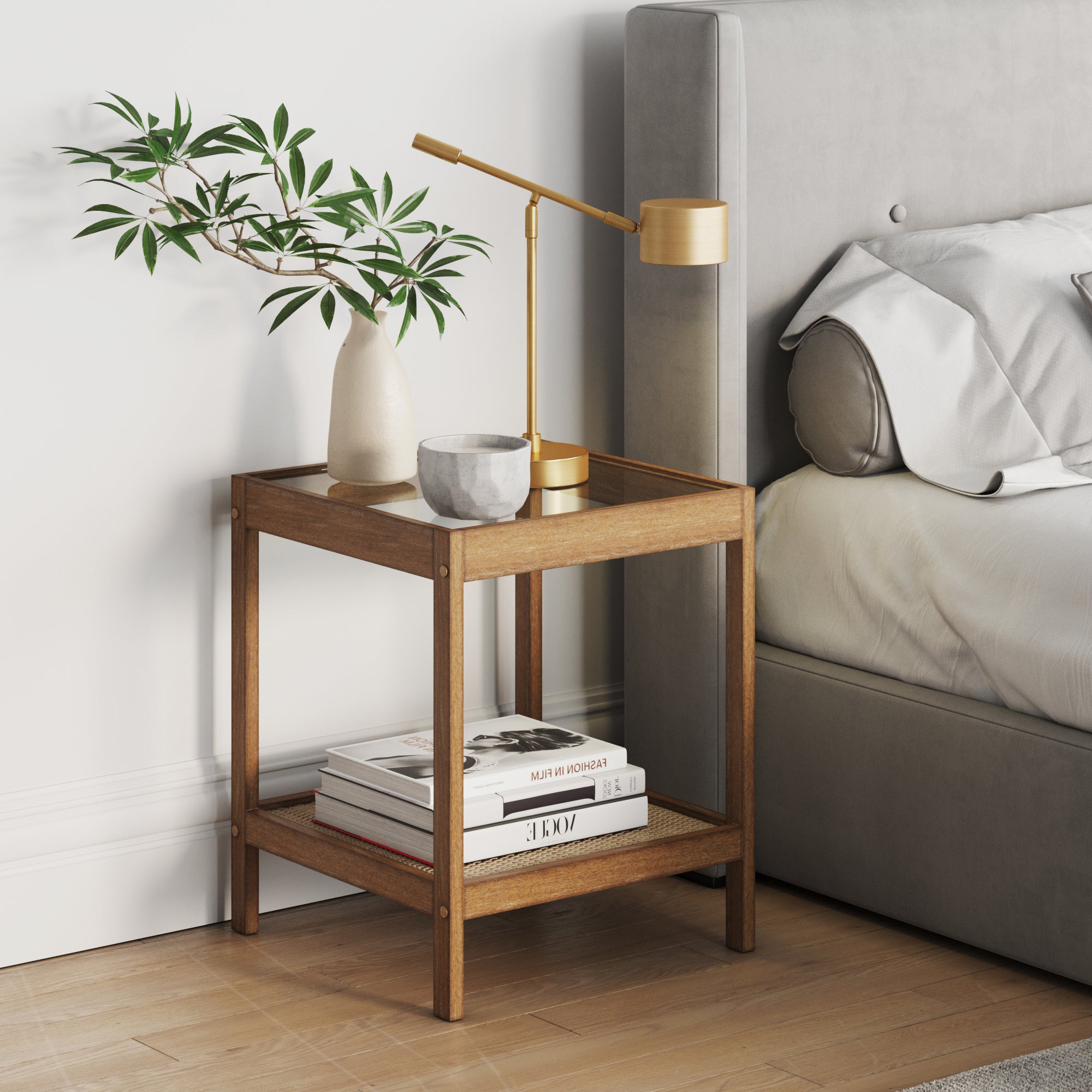Nathan James Hayes 33301 Light Brown nightstand with glass top and rattan shelf